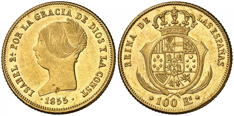 1855. Isabel II. Barcelona. 100 reales. (Cal. 8). 8,35 g. Golpecitos. Escasa. MB...