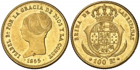 1855. Isabel II. Barcelona. 100 reales. (Cal. 8). 8,35 g. Golpecitos. Escasa. MBC/MBC+.