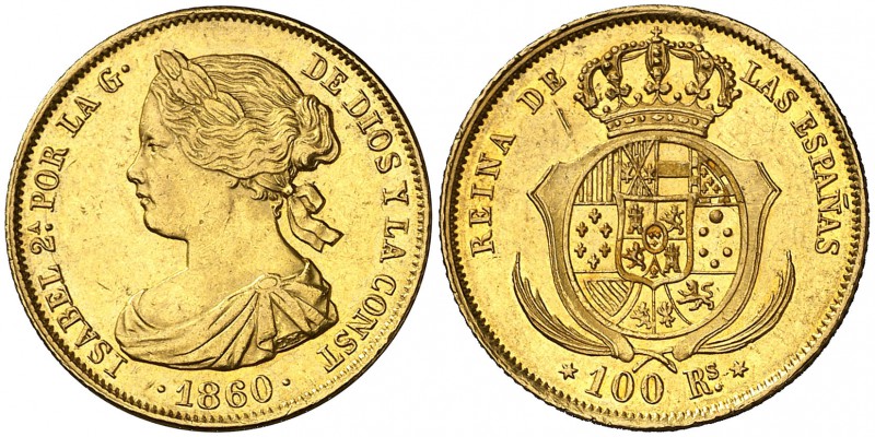 1860. Isabel II. Madrid. 100 reales. (Cal. 25). 8,37 g. Rayitas. EBC-.