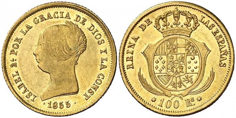 1855. Isabel II. Sevilla. 100 reales. (Cal. 33). 8,34 g. Parte de brillo origina...