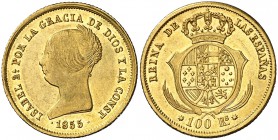 1855. Isabel II. Sevilla. 100 reales. (Cal. 33). 8,34 g. Parte de brillo original. EBC-/EBC.