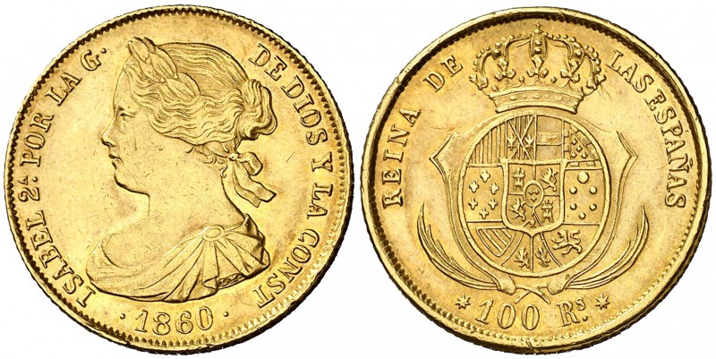1860. Isabel II. Sevilla. 100 reales. (Cal. 38). 8,36 g. Leves golpecitos. Bonit...
