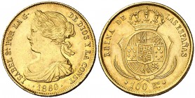 1860. Isabel II. Sevilla. 100 reales. (Cal. 38). 8,36 g. Leves golpecitos. Bonito color. EBC-.