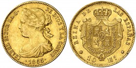 1865. Isabel II. Madrid. 10 escudos. (Cal. 43). 8,35 g. Leves golpecitos. Escasa. MBC+.