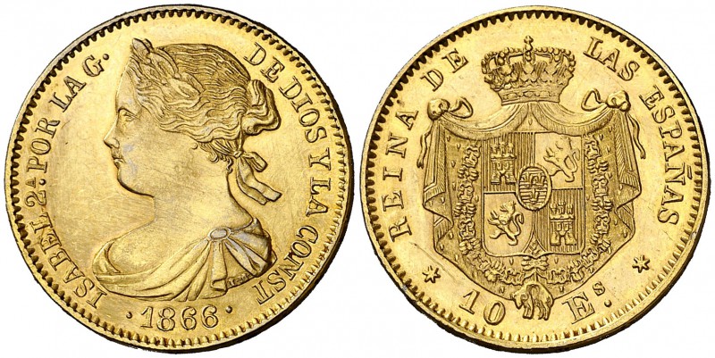 1866. Isabel II. Madrid. 10 escudos. (Barrera 907). 8,45 g. Falsa de época en pl...