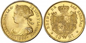 1866. Isabel II. Madrid. 10 escudos. (Barrera 907). 8,45 g. Falsa de época en platino. Conserva el baño de oro original. EBC.