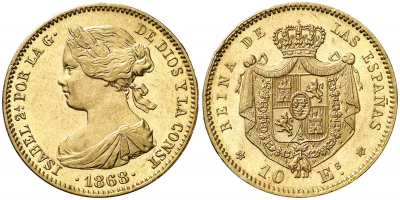 1868*1868. Isabel II. Madrid. 10 escudos. (Cal. 47). 8,39 g. Bella. Ex Áureo & C...