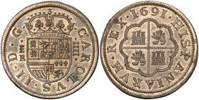s. XIX (1691). Segovia. 4 reales. 14,96 g. Prueba de la Escuela de Grabadores. Bella. Ex Colección Elariz. Rara. S/C-.