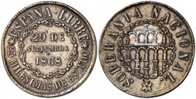 1868. Gobierno Provisional. Segovia. 25 milésimas de escudo. (Cal. 23). 6,39 g. Canto limado. Golpecitos. Escasa. MBC-.