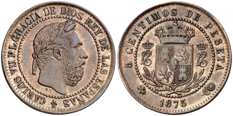 1875. Carlos VII, Pretendiente. Oñate. 5 céntimos. (Cal. 10). 4,94 g. Buen ejemp...