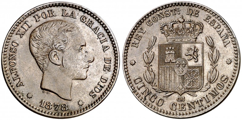 1878. Alfonso XII. Barcelona. OM. 5 céntimos. (Cal. 72). 5,03 g. Bella. Rara así...