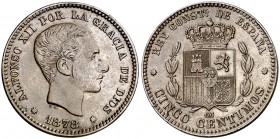 1878. Alfonso XII. Barcelona. OM. 5 céntimos. (Cal. 72). 5,03 g. Bella. Rara así. S/C-.