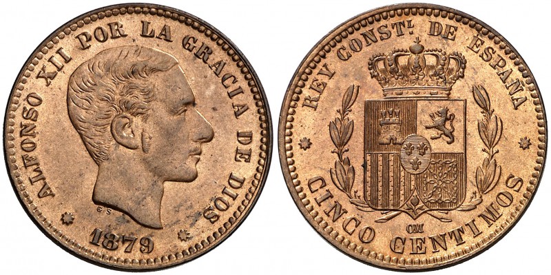 1879. Alfonso XII. Barcelona. OM. 5 céntimos. (Cal. 73). 5,04 g. Muy bella. Bril...