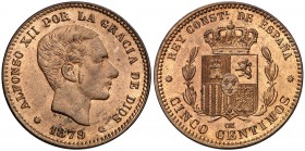 1879. Alfonso XII. Barcelona. OM. 5 céntimos. (Cal. 73). 5,04 g. Muy bella. Brillo original. Escasa así. S/C-.