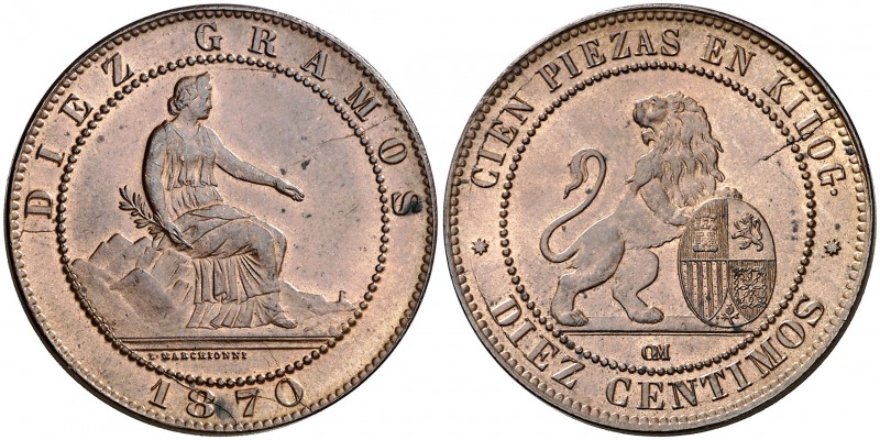 1870. Gobierno Provisional. Barcelona. OM. 10 céntimos. (Cal. 24). 10,19 g. Bell...