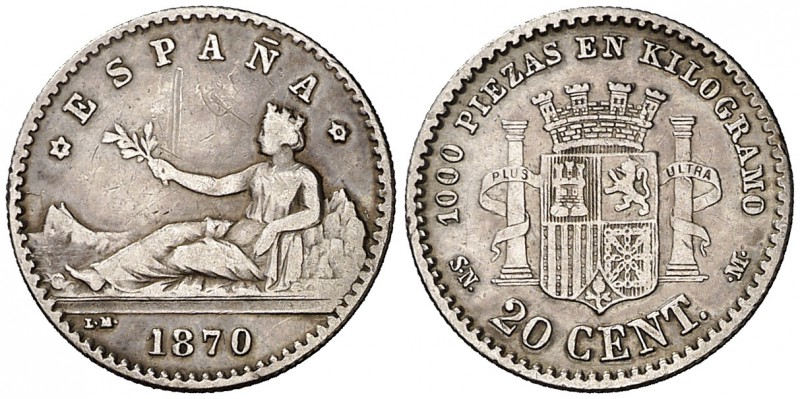 1870*70. Gobierno Provisional. SNM. 20 céntimos. (Calicó 22). 1 g. Rayitas. Rara...