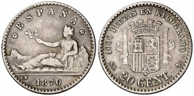 1870*70. Gobierno Provisional. SNM. 20 céntimos. (Calicó 22). 1 g. Rayitas. Rara. MBC-/MBC.