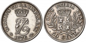 1876. Carlos VII, Pretendiente. Bruselas. 50 céntimos. (Cal. 7). 2,52 g. Rara. EBC+.