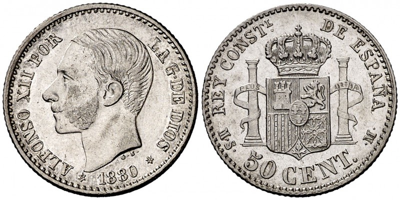 1880*80. Alfonso XII. MSM. 50 céntimos (Cal. 63). 2,40 g. Bella. Parte de brillo...