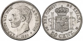 1880*80. Alfonso XII. MSM. 50 céntimos (Cal. 63). 2,40 g. Bella. Parte de brillo original. EBC+.