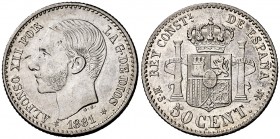 1881*81. Alfonso XII. MSM. 50 céntimos. (Cal. 64). 2,48 g. Bella. Parte de brillo original. EBC.