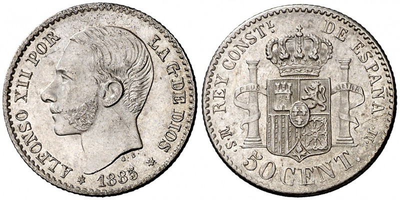 1885/1*86. Alfonso XII. MSM. 50 céntimos. (Cal. 65). 2,50 g. Bella. Escasa así. ...