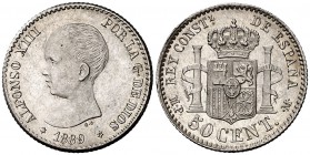 1889*-9. Alfonso XIII. MPM. 50 céntimos. (Cal. 54). 2,47 g. Primera estrella anepígrafa. Mínimas rayitas. Bella. Brillo original. S/C-.