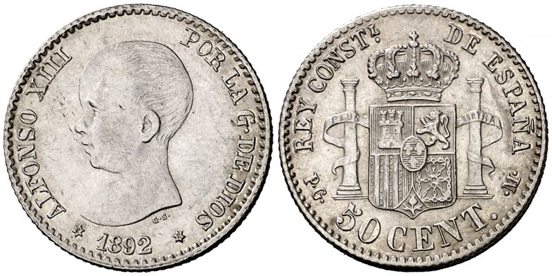 1892*92. Alfonso XIII. PGM. 50 céntimos. (Cal. 55). 2,50 g. Bella. Brillo origin...