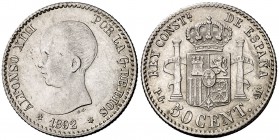 1892*92. Alfonso XIII. PGM. 50 céntimos. (Cal. 55). 2,50 g. Bella. Brillo original. Escasa así. EBC+.