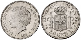 1894*94. Alfonso XIII. PGV. 50 céntimos. (Cal. 58). 2,51 g. Bella. Brillo original. Escasa así. EBC+.