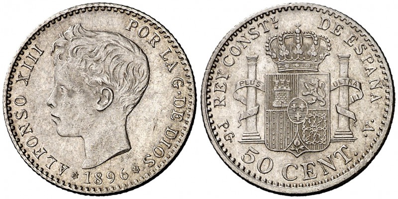 1896*96. Alfonso XIII. PGV. 50 céntimos. (Cal. 59). 2,53 g. Atractiva. Parte de ...
