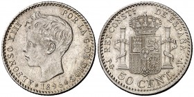 1896*96. Alfonso XIII. PGV. 50 céntimos. (Cal. 59). 2,53 g. Atractiva. Parte de brillo original. Escasa y más así. EBC.
