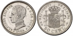 1904*04. Alfonso XIII. SMV. 50 céntimos. (Cal. 61). 2,43 g. Muy bella. Brillo original. S/C.