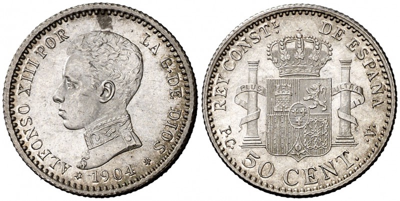 1904*10. Alfonso XIII. PCV. 50 céntimos. (Cal. 62). 2,50 g. Mínima impureza. Bel...