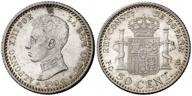 1904*10. Alfonso XIII. PCV. 50 céntimos. (Cal. 62). 2,50 g. Mínima impureza. Bella. Brillo original. S/C-.
