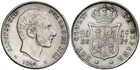 1884. Alfonso XII. Manila. 20 centavos. (Cal. 91). 5,01 g. Leves marquitas. Buen ejemplar. Rara y más así. EBC-.