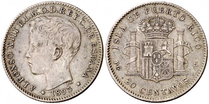 1895. Alfonso XIII. Puerto Rico. PGV. 20 centavos. (Cal. 84). 4,93 g. Pátina. MB...
