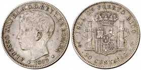 1895. Alfonso XIII. Puerto Rico. PGV. 20 centavos. (Cal. 84). 4,93 g. Pátina. MBC+.
