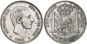 1884. Alfonso XII. Manila. 50 centavos. (Cal. 84). 12,98 g. Limpiada. Escasa. MBC/MBC+.