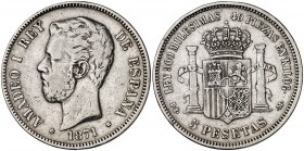 1871*1873. Amadeo I. DEM. 5 pesetas. (Cal. 9). 24,72 g. Golpecito en canto. Limpiada. Rara. (MBC).