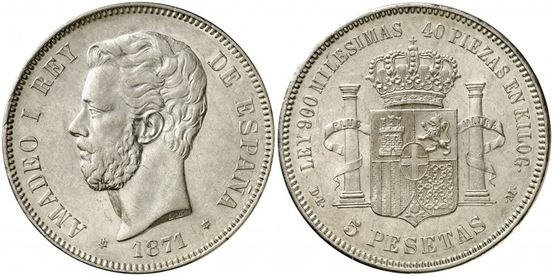 1871*1874. Amadeo I. DEM. 5 pesetas. (Cal. 10). 24,94 g. Atractiva. EBC-.