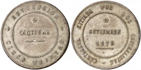1873. Revolución Cantonal. Cartagena. 5 pesetas. (Cal. 6). 26,58 g. Reverso no coincidente. 86 perlas en la gráfila del anverso y 90 en la del reverso...