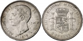 1875*1875. Alfonso XII. DEM. 5 pesetas. (Cal. 25a). 24,88 g. Rayitas del escudete en el pabellón de la oreja. EBC-.