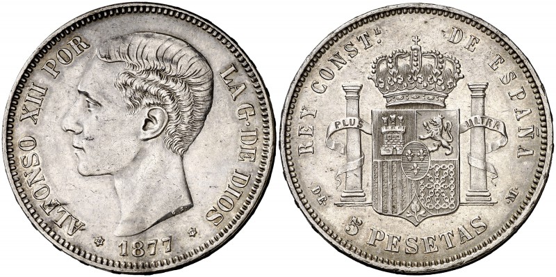 1877*1877. Alfonso XII. DEM. 5 pesetas. (Cal. 28). 24,96 g. Marquitas. Bonita pá...
