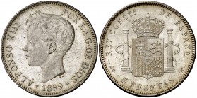 1899*1899. Alfonso XIII. SGV. 5 pesetas. (Cal. 28). 25 g. Bella. Preciosa pátina. EBC+.