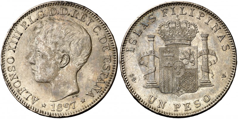1897. Alfonso XIII. Manila. SGV. 1 peso. (Cal. 81). 25 g. Leves golpecitos. Prec...