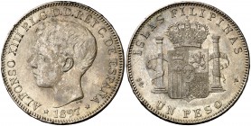 1897. Alfonso XIII. Manila. SGV. 1 peso. (Cal. 81). 25 g. Leves golpecitos. Preciosa pátina. MBC+.