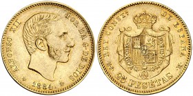 1884*1884. Alfonso XII. MSM. 25 pesetas. (Cal. 19). 8,05 g. Parte de brillo original. Muy escasa. EBC.