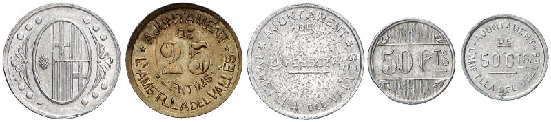 Ametlla del Vallés. 25, 50 céntimos (dos) y 1 peseta (dos). (Cal. 1). 5 monedas,...