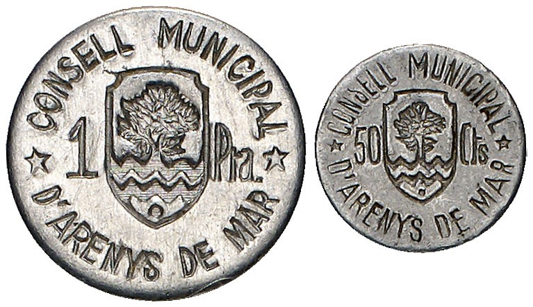Arenys de Mar. 50 céntimos y 1 peseta. (Cal. 3). 2 monedas, serie completa. MBC+...